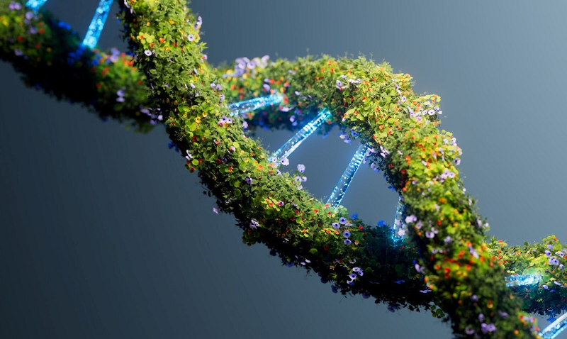 Eine DNA-Helix, die mit üppigem grünen Moos und kleinen Blüten bedeckt ist, windet sich vor einem dezenten grauen Hintergrund und kombiniert Natur mit Wissenschaft.    